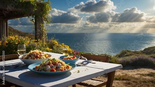 Scenic outdoor dining experience featuring vibrant salads and wine with a stunning ocean view