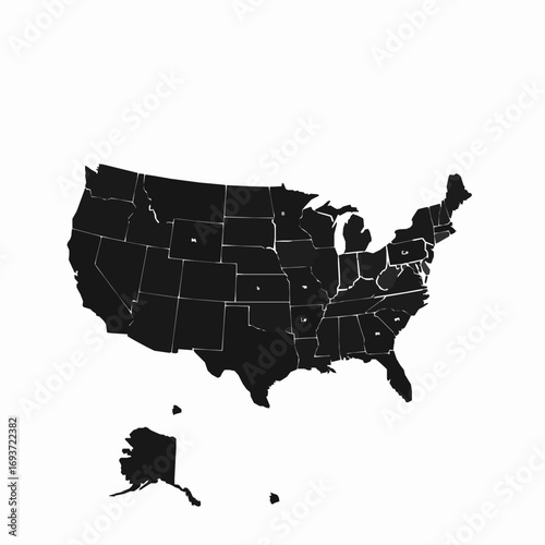Silhouette Map of the United States of America and Alaska on White Background outline
