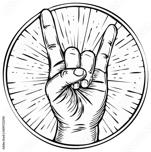 Hand gesture horns rock and roll symbol circular emblem with radiating lines