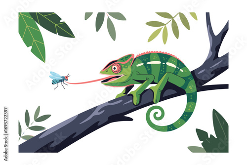 Cartoon Chameleon Catching Fly Illustration: A vibrant depiction of nature's predator, perfect for educational materials and wildlife-themed designs showcasing animal behavior.