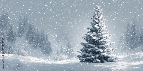 Snowy winter landscape with a majestic fir tree