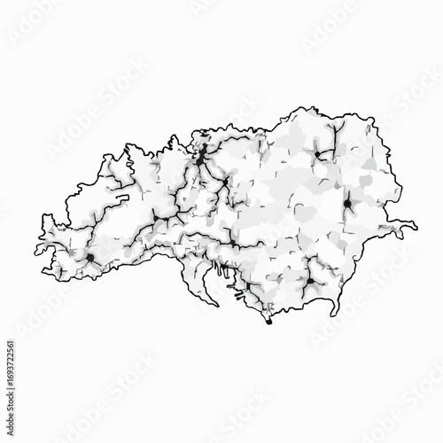 Stylized Black and White Map of a Landmass with Outlined Roads and Dark Spots Representing Cities on White Background Keywords: map, geography, landmass, outline, black and