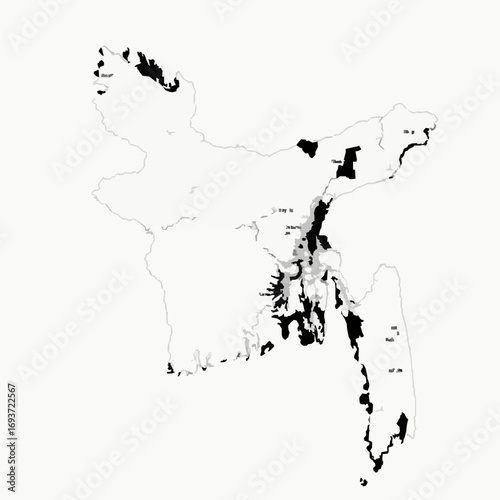 Map of Bangladesh Showing Populated Areas in Black and Gray Keywords: Bangladesh map, country outline, South Asia, geography, cartography, political map, borders, territory