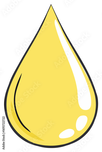 Cartoon yellow drop illustration, glossy liquid drop with highlighted reflections.