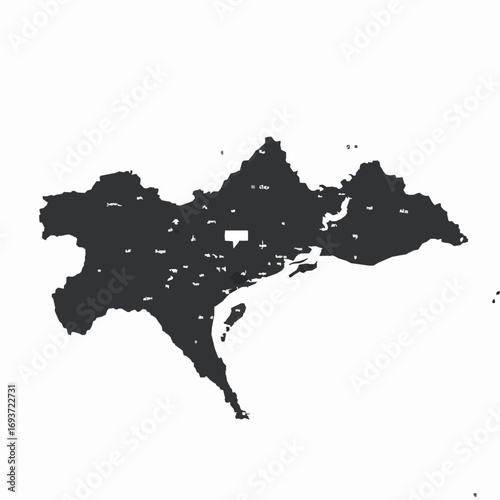 Dark silhouette map of the Ganges Delta region with numerous settlements marked India Bangladesh