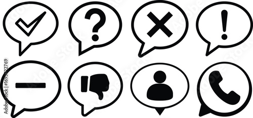 Assortment of speech bubble icons with checkmark, question mark, cross, exclamation, minus, thumbs up, phone, and user silhouette, isolated on white background