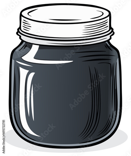 Glass jar with dark liquid and white screw top lid isolated illustration