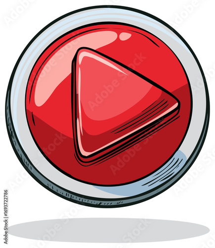 Red glossy cartoon play button icon symbol for media playback, video, or audio start