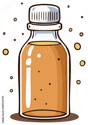 Clear glass bottle filled with amber liquid and bubbly highlights