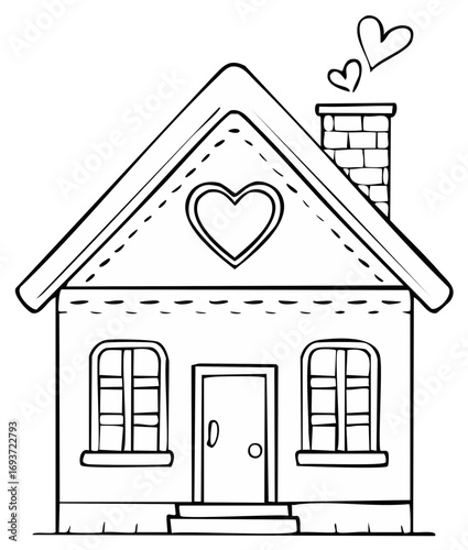 Charming line art house illustration featuring hearts emanating from chimney and attic window