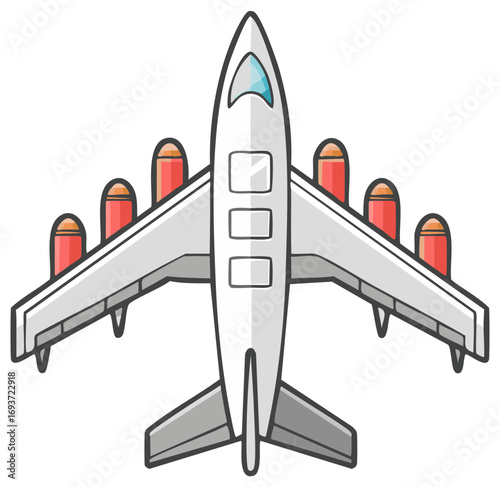 Cartoon airplane with multiple engines and stylized design viewed from above