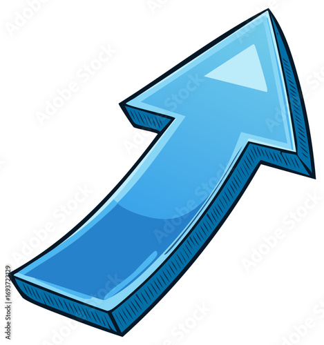 Bold blue arrow pointing upwards with a 3D effect and cartoonish style for progress and success.