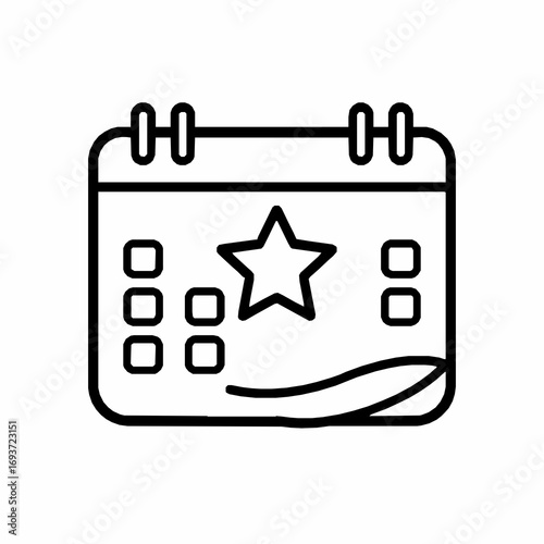 Outline icon of a calendar page with a star and grid on a white background date month