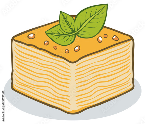 Delicious layered dessert illustration with nuts and mint leaves for confectionery products and baking
