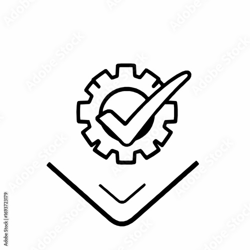 Hand- Drawn Outline Icon of a Gear with a Check Mark and Downward Arrow on White Keywords: gear, cogwheel, check mark, tick, approved, verified, confirmation, success, settings
