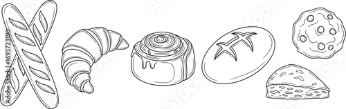 A black and white line drawing illustration of various baked goods including baguettes, a croissant, a cinnamon roll, a loaf of bread, a cookie, and a slice of cake.