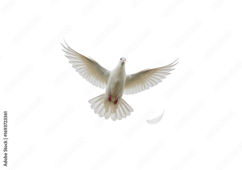 Obraz premium Isolated white dove flying gracefully with wings spread and a falling feather nearby