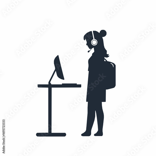 Silhouette of Person with Headset and Backpack Standing by Computer Desk microphone