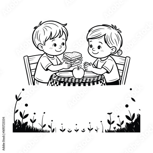 Two children sharing a stack of pancakes at a table with flowers below white background