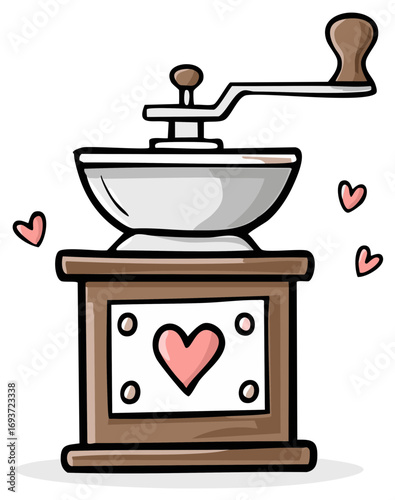 Cute coffee grinder illustration with a heart symbol and decorative elements, vintage style.