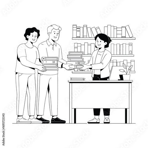 Diverse customers exchange books with librarian behind counter in busy library scene white background