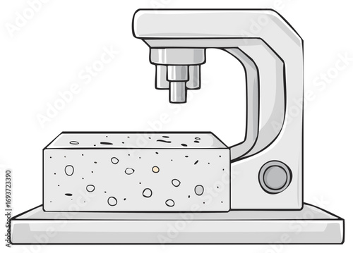 Industrial press machine performing a compression test on a concrete block vector illustration