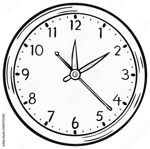 Hand-drawn illustration of a classic analog wall clock with black numbers and hands