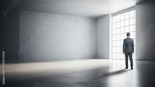 Wallpaper Mural Rear view of a suited man walking towards the light in an empty gray room Torontodigital.ca