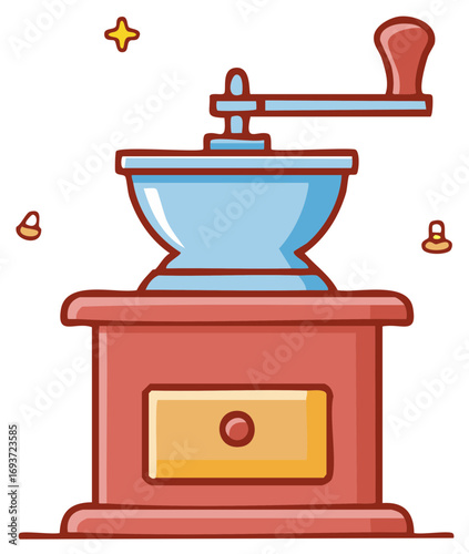 Charming cartoon manual coffee grinder with crank and drawer for fresh brewing illustration