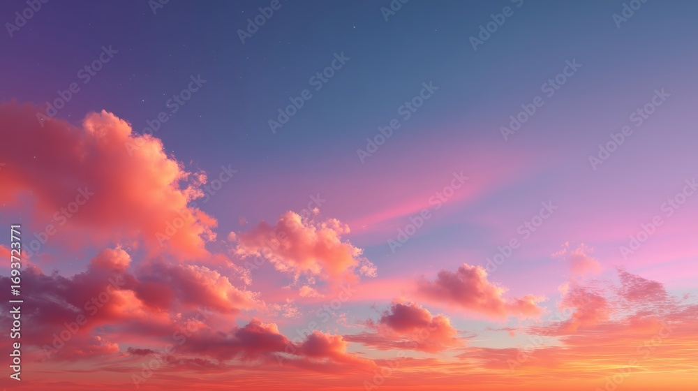 Obraz premium Beautiful sunset sky with pink and purple clouds over a serene horizon during twilight hours