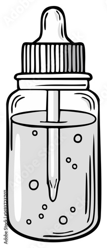 Grayscale cartoon illustration of a glass dropper bottle with serum and bubbles