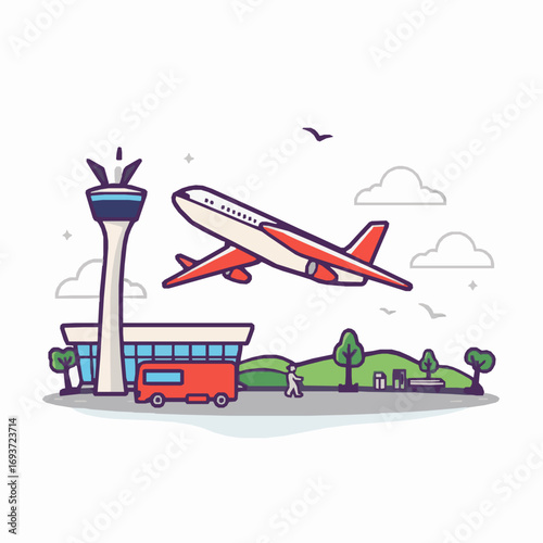 Airplane taking off from airport with control tower and bus on a white background aircraft travel