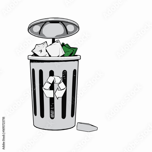 Gray trash can with open lid filled with crumpled paper and green items on a white background garbage