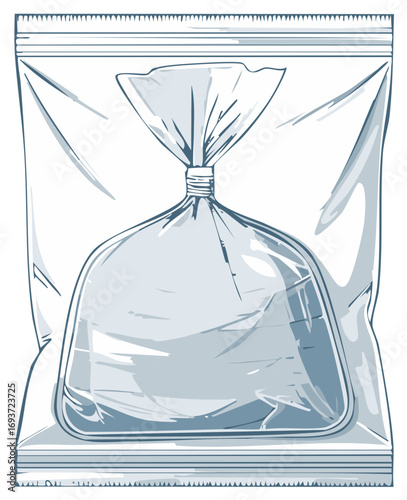 Transparent plastic ziplock bag containing a smaller tied bag filled with water liquid illustration