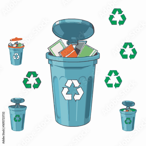 Blue recycling bin surrounded by smaller bins and recycling symbols on a white background trash garbage