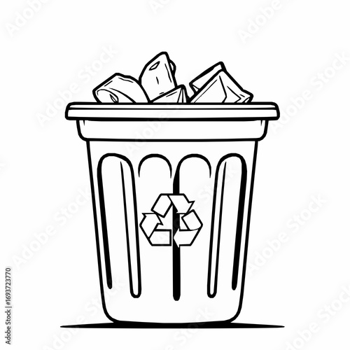 Outline Drawing Of A Trash Can Filled With Cubes On White Background sketch