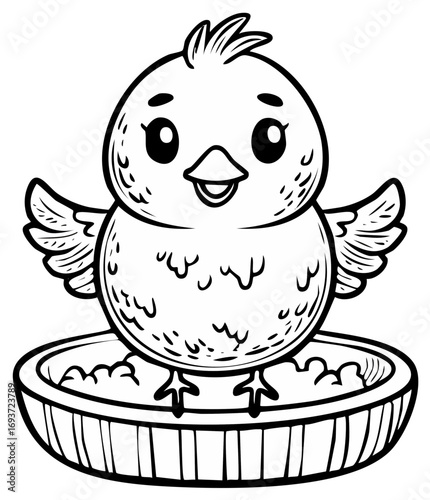 Cute baby chick illustration, line art bird standing in food tray for coloring pages