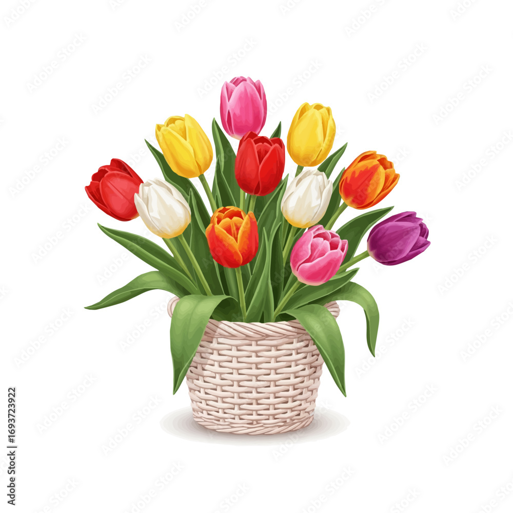 Fototapeta premium Colorful tulip flowers bouquet in woven vas vector illustration