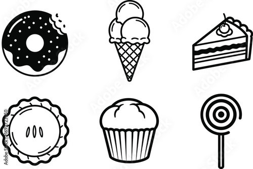 Six black and white line drawings of sweet treats.