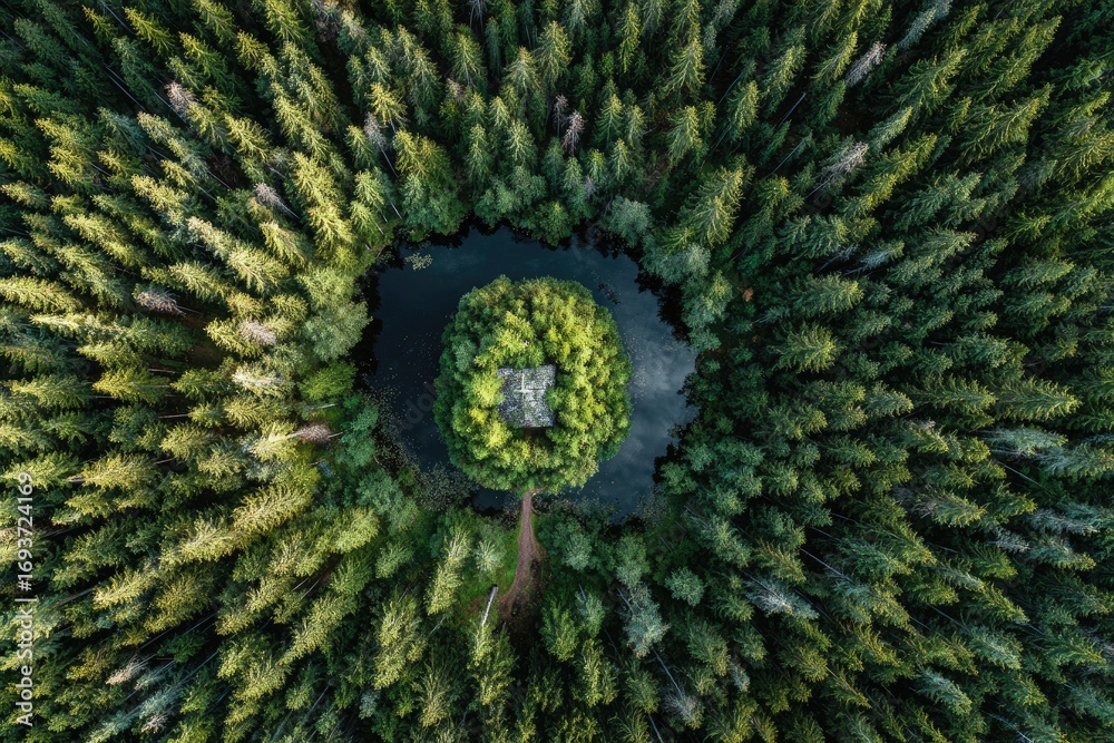 Obraz premium Aerial view of a circular clearing in a dense pine forest