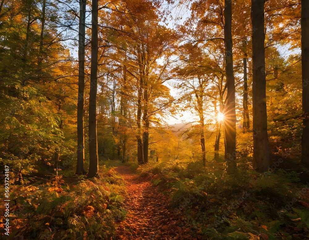 Obraz premium Autumn trees and mist in woodland at sunrise.