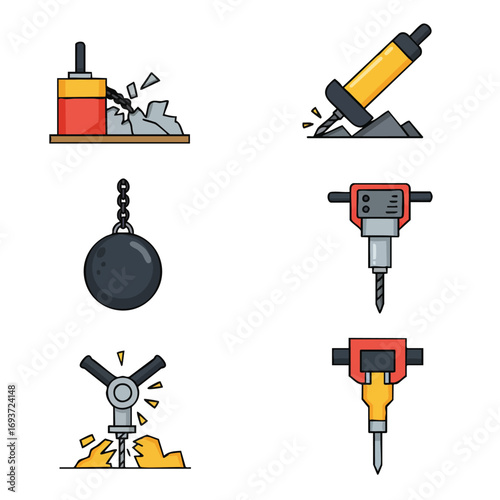 A vibrant collection of modern flat-style vector icons illustrating various heavy-duty demolition and construction tools for breaking and destroying materials.