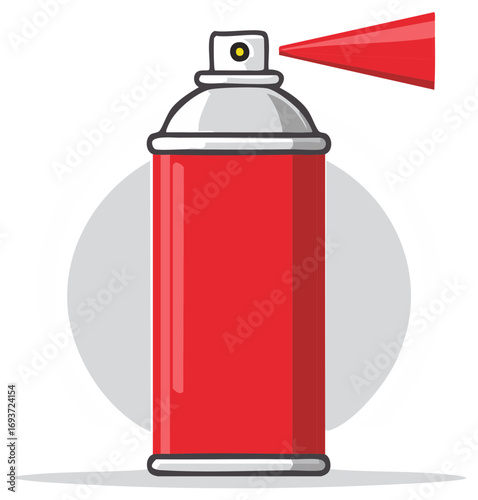 Red aerosol spray can emitting red spray cloud in a simple flat illustration style