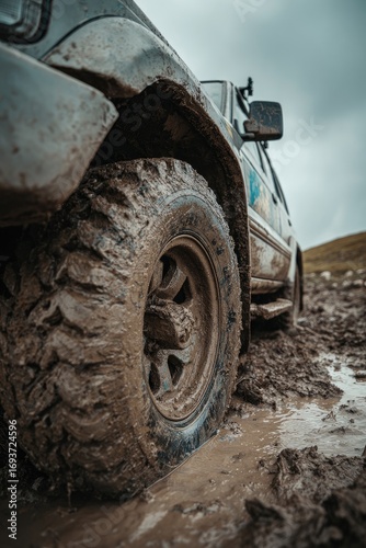 Muddy SUV in a rugged terrain