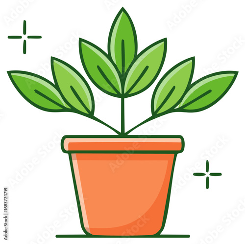 Vibrant green plant growing in a terracotta pot with shiny leaves and growth sparkles