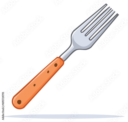 Illustration of a stylized fork with an orange handle and metal tines, isolated.
