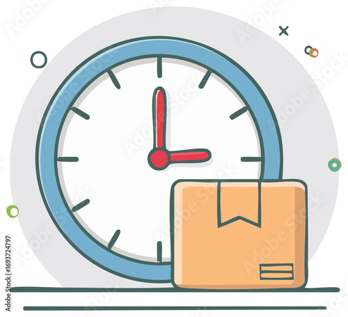Delivery service vector illustration featuring a clock and cardboard box symbolizing time efficiency.