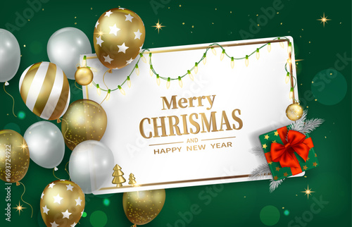 Green Christmas and Happy New Year greeting card with gold and white balloons, Christmas decorations