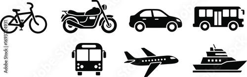Collection of transportation icons, including bicycle, motorcycle, car, bus, airplane, and yacht.