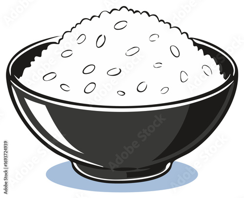 Stylized illustration of a black bowl filled with white rice, depicting individual grains
